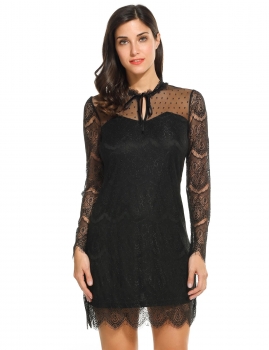 

Black Women Lace Up O-Neck Long Sleeve Sheer Mesh Slim Cocktail A-Line Going Out Dresses, Multicolor