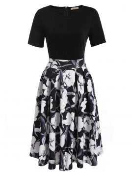 

Black Short Sleeve Floral Patchwork Pleated Casual Dress, Multicolor