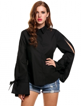 

Black Bow Bandage Slit Flare Sleeve Solid Button-down Shirts, Multicolor