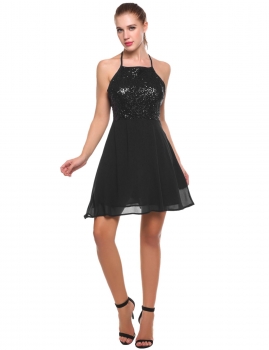 

Black Spaghetti Strap Sequined Cross Back Chiffon Skater Party Dress, Multicolor