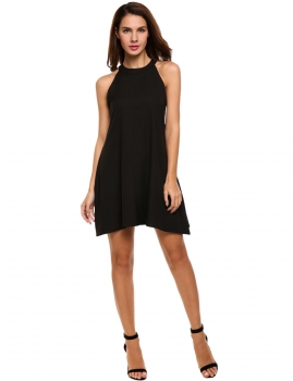 

Black Halter Sleeveless Solid Loose Pocket Tunic Casual Dress, Multicolor