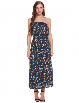 

Blue Strapless Print Summer Beach Long Maxi Casual Dress, Multicolor