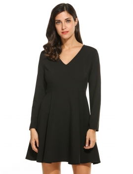 

Women Fashion V-Neck Long Sleeve A-Line Pleated Dress, Multicolor