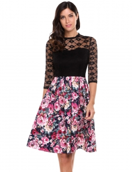 

Black Vintage O-Neck Lace Patchwork Prints A-Line Tunic Dress, Multicolor