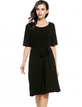 

Black Women Fashion Round Neck Half Sleeve Solid Ribbed Knit Belted Dress, Multicolor