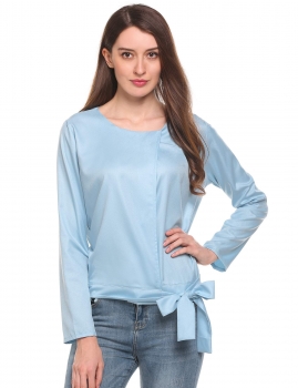 

Blue Self Tie Hem Solid Long Sleeve Casual Pullover Blouse, Multicolor