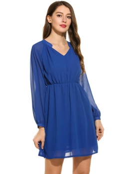 

Women V Neck Long Sleeve Elastic Waist Solid Casual Chiffon Shirt Dress, Multicolor