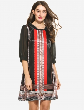 

Women's 3"4 Sleeve Tie-Bow Back Vintage Printed Casual Loose Shift Dress, Multicolor