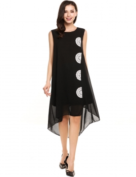 

Black Casual Sleeveless Lace Patchwork O Neck Pullover Contrast Color Straight Dress, Multicolor
