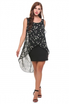 

Black O-Neck Sleeveless Print Multi Layers Loose Dress, Multicolor