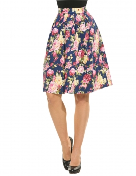 

Blue Women Vintage Style High Waisted Floral Print A-Line Flared Skirt, Multicolor
