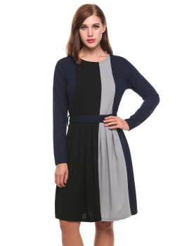 

Blue Round Neck Long Sleeve Contrast Color Knee Length Casual Dress, Multicolor