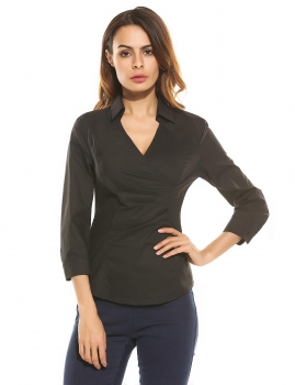 

Black Lapel V-Neck 3"4 Sleeve Draped Pullover Slim Fit Blouse, Multicolor