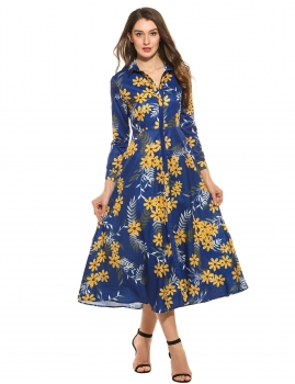 

Blue Women Casual Long Sleeve Print Button Down Collar Tunic Maxi Dress, Multicolor