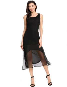

Black Sleeveless Lace Mesh Patchwork O Neck Pullover Package Hip Mid-Calf Dress, Multicolor
