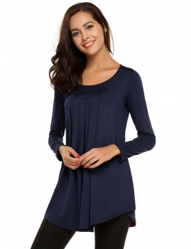 

Dark blue Casual Long Sleeve Solid O Neck Pleated Loose Tops, Multicolor