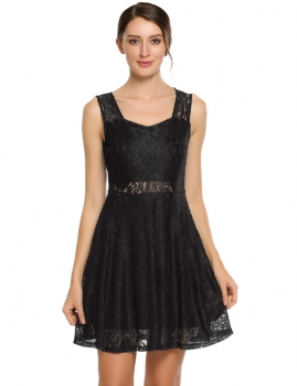 

Black Sleeveless Lace Pentagon Neck Slim Dress, Multicolor