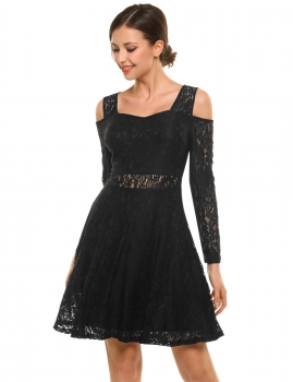

Black Lace Patchwork Square Neck Cold Shoulder Long Sleeve A-Line Dress, Multicolor