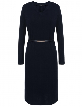 

Navy blue New Women Casual V-Neck Long Sleeve Solid Pullover Side Split Knit Dress with Waist Belt, Multicolor