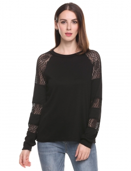 

Black Lace Hollow Out Patchwork Long Sleeve Pullover Tops, Multicolor