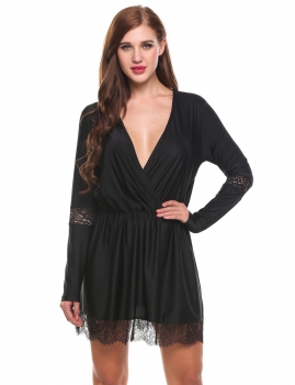 

Black V Neck Long Sleeve Lace Patchwork Sexy Mini Dress, Multicolor