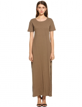

New Women Casual O-Neck Short Sleeve Solid Backless Side Split Loose Maxi Dress, Multicolor