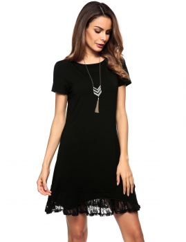 

Black O-Neck Short Sleeve Lace-Trim Ruffled Short Dress, Multicolor