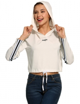

White Long Sleeve Drawstring Hem Pullover Hooded Crop Hoodie Sweatshirt, Multicolor