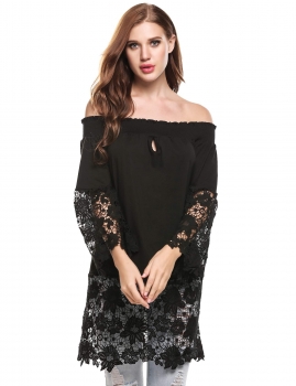 

Black Off the Shoulder Flare Sleeve Lace Trim Elastic Mid-Long Tops, Multicolor