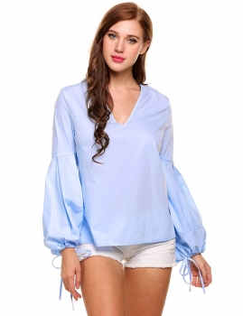 

Blue Drawstring Lantern Sleeve Solid V-Neck Pullover Tops, Multicolor