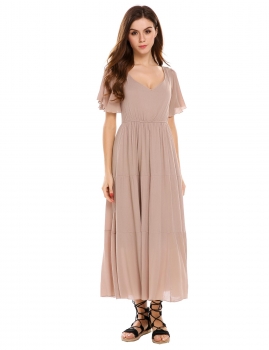 

Short Sleeve V-neck Maxi Pleated Back Hollow Dress, Multicolor