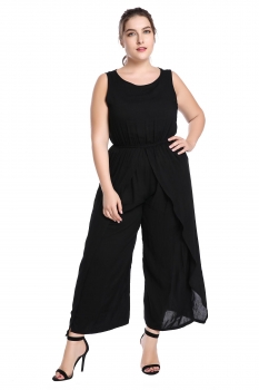 

Black O-Neck Sleeveless Solid Elastic Waist Jumpsuit, Multicolor