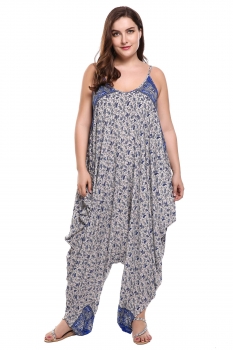 

Blue Spaghetti Strap Sleeveless Print Loose Irregular Hem Jumpsuit, Multicolor