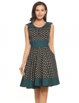 

Blue Vintage Styles Sleeveless Peter Pan Collar Dot Patchwork Pleated Tunic A-Line Hem Tank Dress, Multicolor