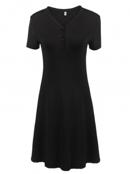 

Black Short Sleeve Solid V Neck A-Line Dress, Multicolor
