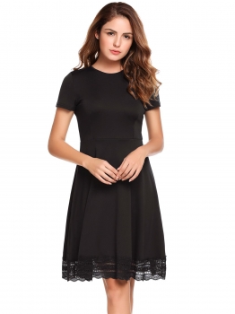 

Black Short Sleeve Solid Lace Hem O Neck Swing Dress, Multicolor