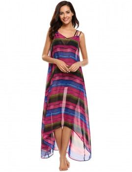 

Women Casual Sleeveless Print V Neck Chiffon Robe Beach Cover Up Dress, Multicolor