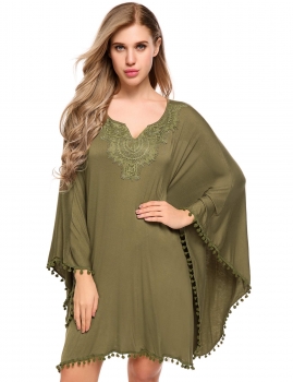 

Army green Bat Sleeve Lace Patchwork Pom Pom Trim Dress, Multicolor