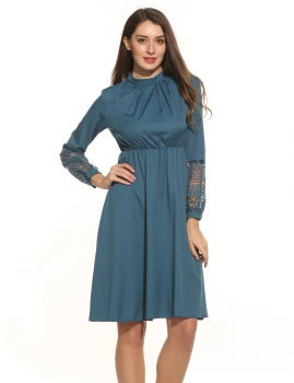 

Blue New Women Vintage Style Crochet Lace Long Sleeve Keyhole Back High Waist Evening Party A-Line Dress, Multicolor