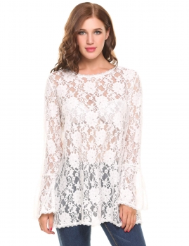 

White Hollow Out See-through Lace Long Flare Sleeve O-Neck Tops, Multicolor