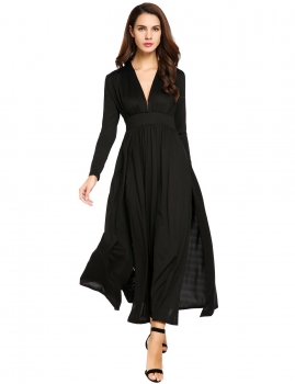 

Black Women Sexy Deep V-Neck Slit Night Club Maxi Dance Dress, Multicolor