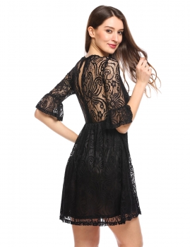 

Black Lace Back Hollow Out Floral Ruffle Sleeve Mini Dress, Multicolor