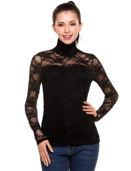 

Black Turtleneck Double Layers Lace Hollow Out Slim Elastic Top, Multicolor