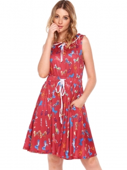 

Dark red Women Vintage Sleeveless Floral Drawstring Dress, Multicolor