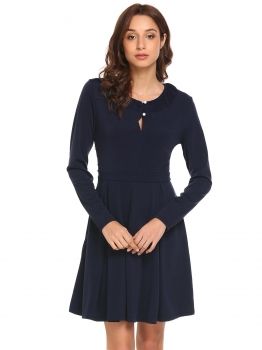 

Dark blue Women Casual Ruched Round Neck Long Sleeve A-Line Casual Dress, Multicolor