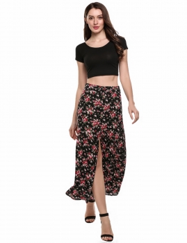 

Black Bohemian Style Split Front Button Floral Print Maxi Beach Skirt, Multicolor