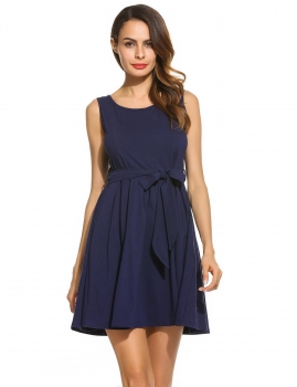 

Navy blue Women Sleeveless Solid Fit and Flare Cocktail Party Pleated Dress With Belt, Multicolor