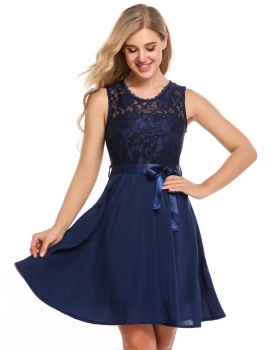 

Navy blue Sleeveless Lace Fit and Flare Belted Dress, Multicolor