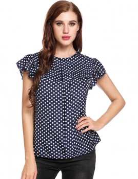 

Blue and White Ruffles Sleeve O Neck Polka Dot Slim Summer Blouses, Multicolor