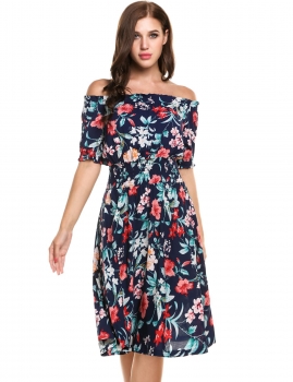 

Blue Short Sleeve Summer Print Off the Shoulder Pullover Tunic Swing Dress, Multicolor